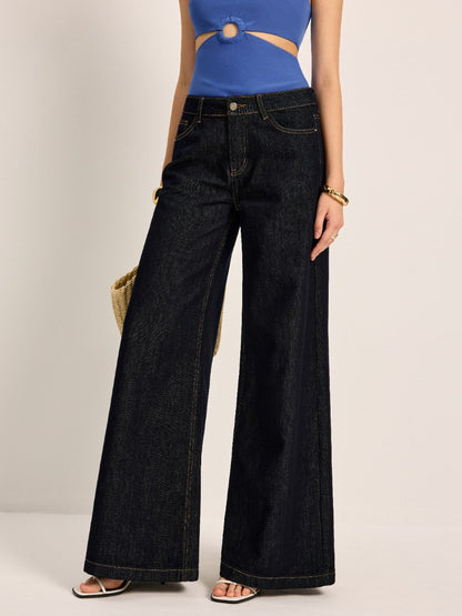 Yüksek Bel Geniş Paça Denim Pantolon