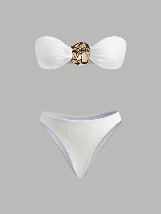 Altın Detaylı Bikini ve Pareo Seti