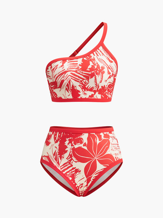 Tek Omuzlu Tropikal Baskılı Bikini Seti