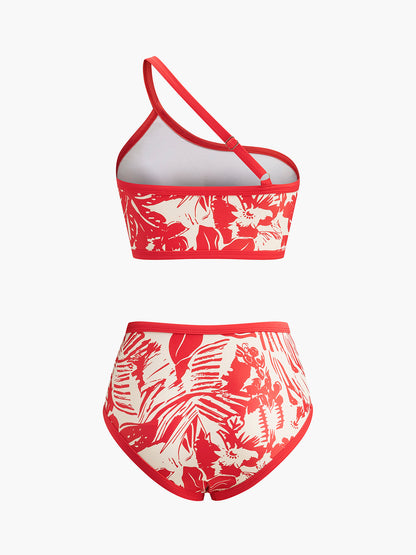 Tek Omuzlu Tropikal Baskılı Bikini Seti