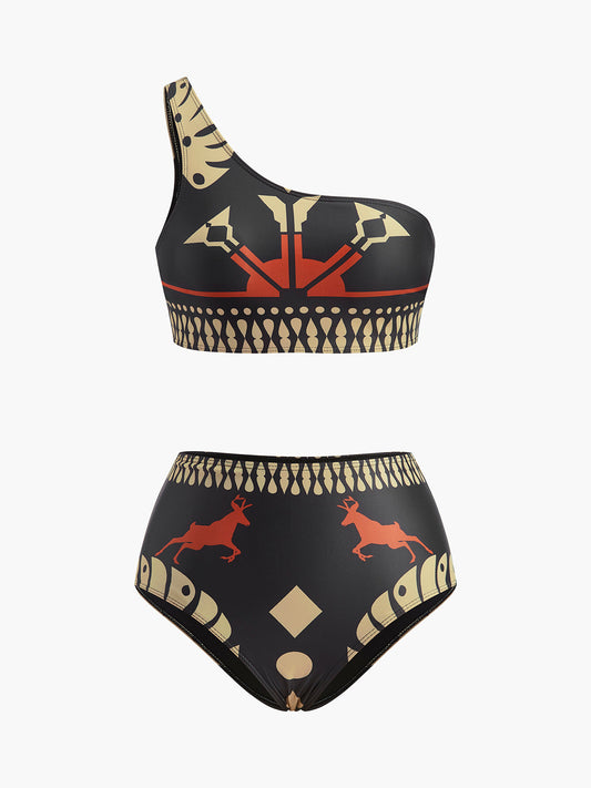 Kabile Baskılı Tek Omuzlu Bikini Seti