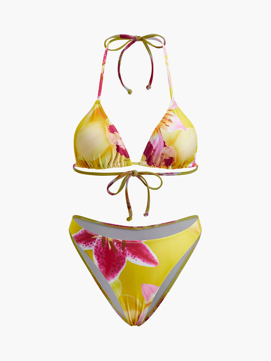 Jersey Çiçek Baskılı Yaka Bağlamalı Bikini Seti