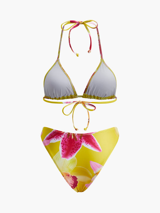 Jersey Çiçek Baskılı Yaka Bağlamalı Bikini Seti