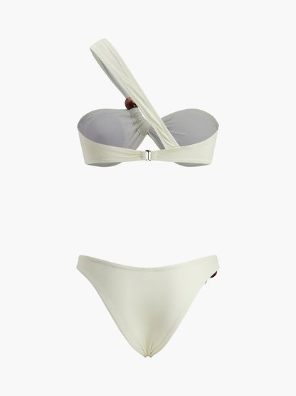 Tek Omuzlu Ahşap Boncuk Detaylı Bikini Seti