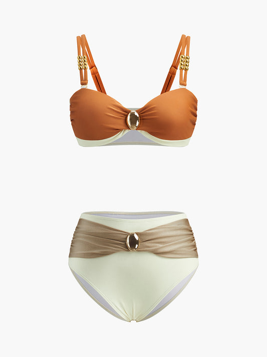 Süslemeli Renk Bloklu Retro Bikini Seti
