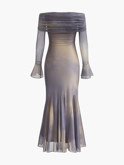 Yarım Şeffaf Tek Omuzlu Çan Kol Elbise