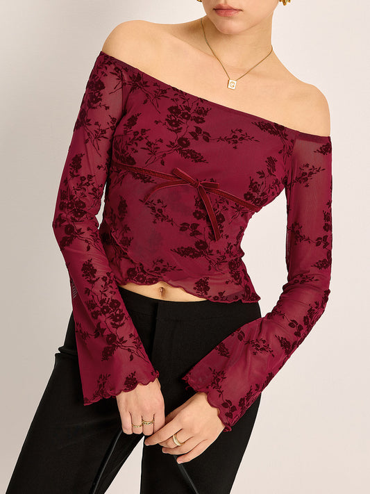 Off-Shoulder Çiçek Desenli Yarım Şeffaf Tişört