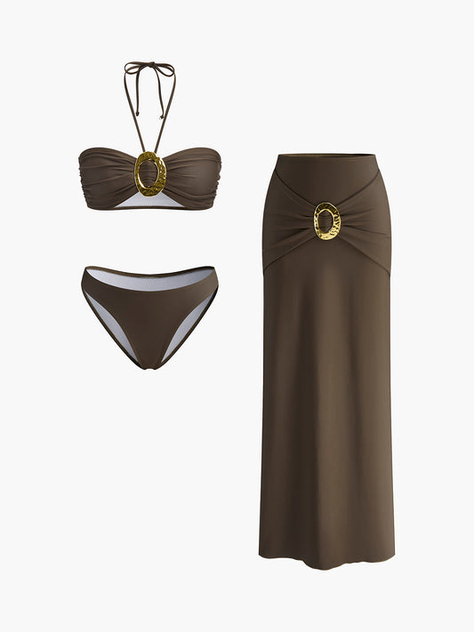 Oval Halka Detaylı Bandeau Bikini Seti ve Dökümlü Etek