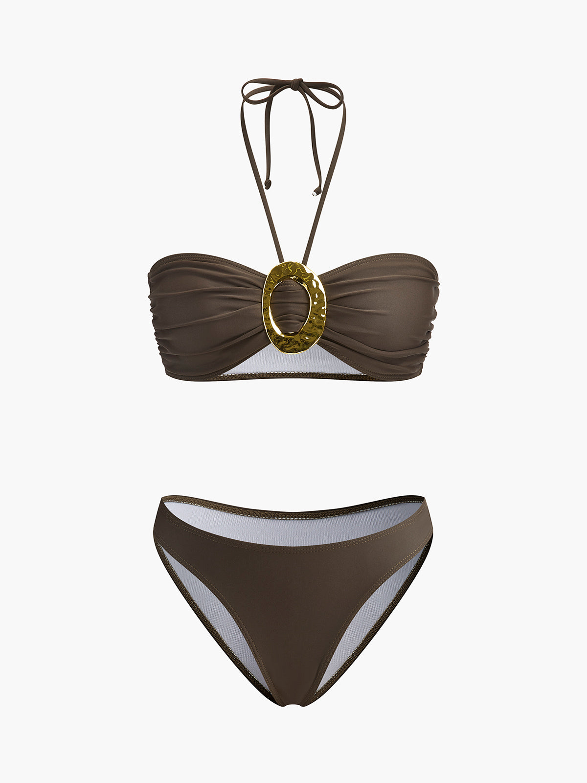 Oval Halka Detaylı Bandeau Bikini Seti ve Dökümlü Etek