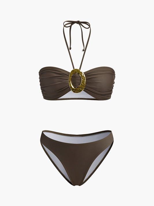 Oval Halka Detaylı Bandeau Bikini Seti ve Dökümlü Etek