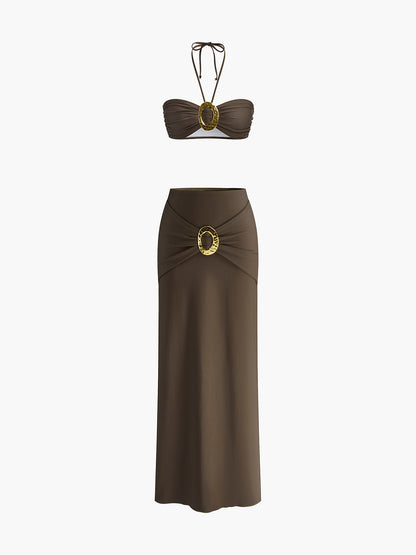 Oval Halka Detaylı Bandeau Bikini Seti ve Dökümlü Etek