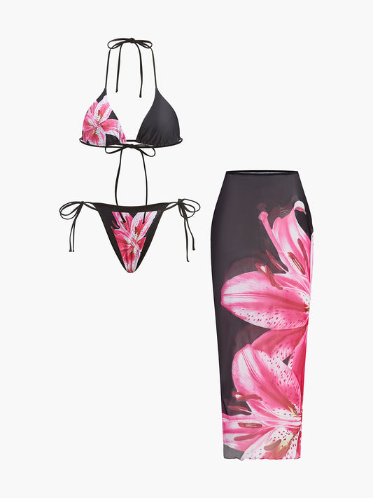 Çiçek Baskılı, File Etekli Bikini