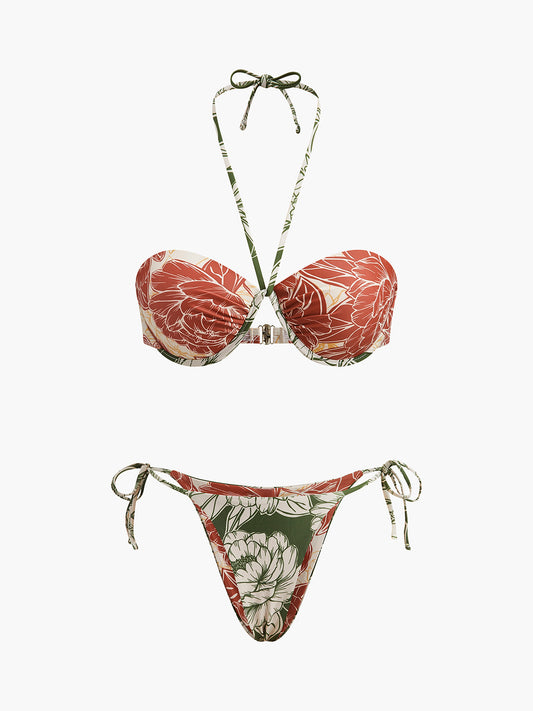 Yanları Bağlamalı Etekli Çiçek Desenli Bikini Seti