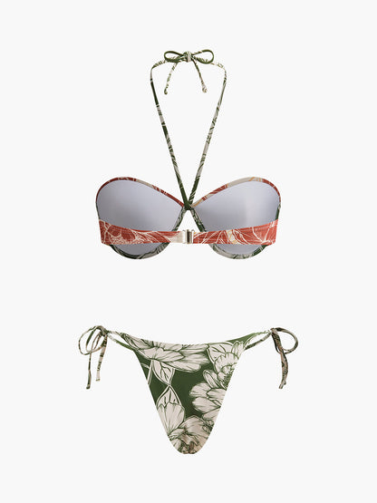 Yanları Bağlamalı Etekli Çiçek Desenli Bikini Seti