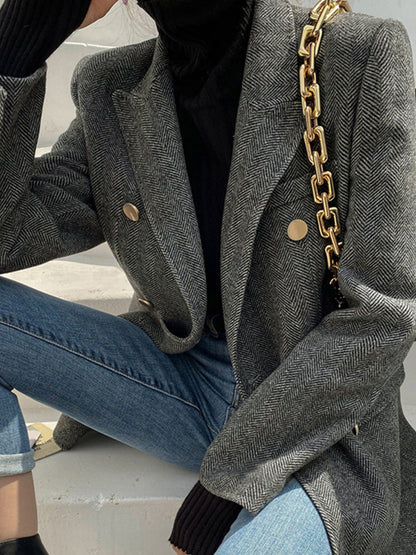 Yün Karışımı Şevron Ekose Uyumlu Blazer