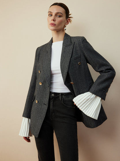 Yün Karışımı Şevron Ekose Uyumlu Blazer