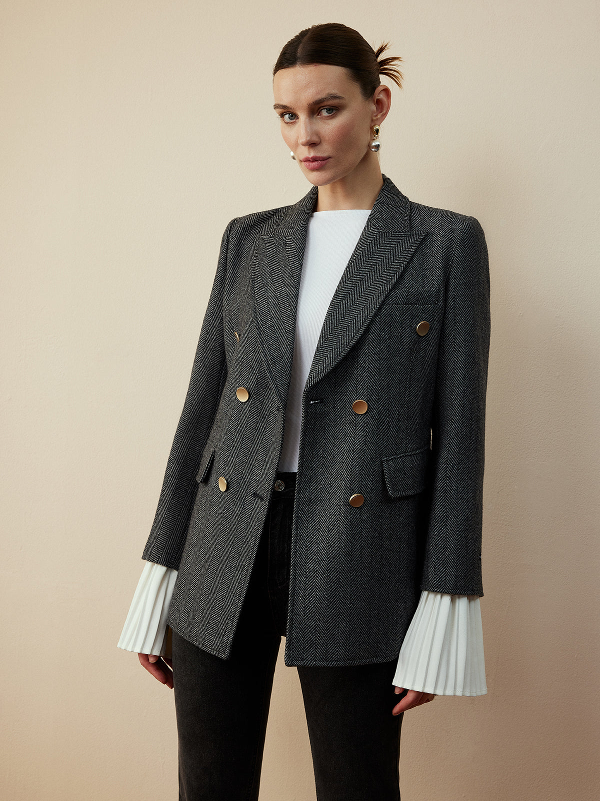 Yün Karışımı Şevron Ekose Uyumlu Blazer