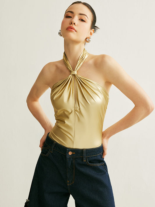 PU Çapraz Sırt Halter Bodysuit