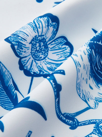 Kuş Baskılı V-Yaka Tek Parça Mayo