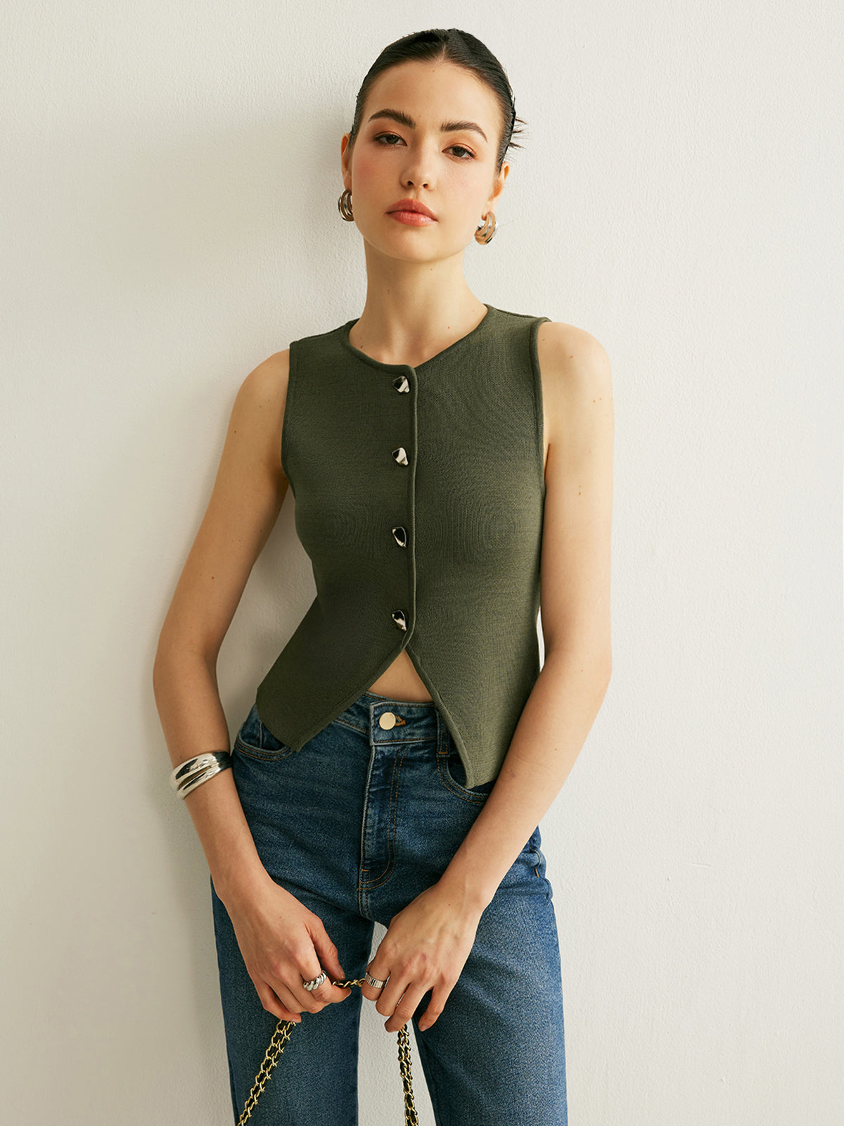 Düğme Detaylı Triko Yelek