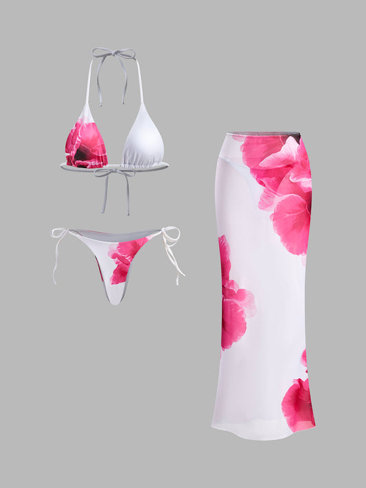 Yarı Şeffaf Etekli Çiçek Desenli Bikini Seti