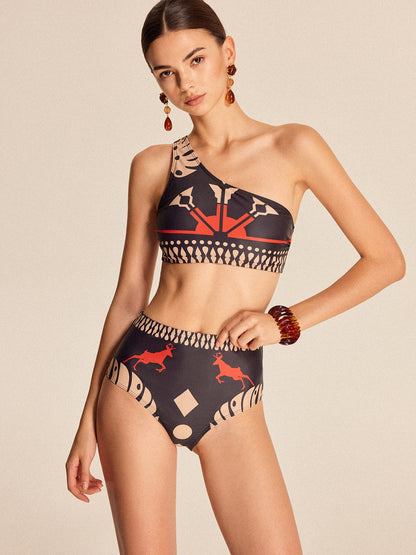 Kabile Baskılı Tek Omuzlu Bikini Seti