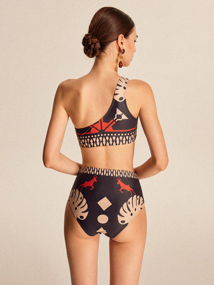 Kabile Baskılı Tek Omuzlu Bikini Seti