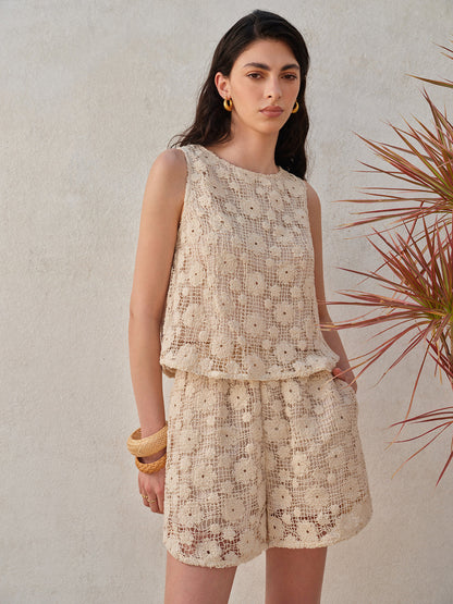 Flower Patterned Lace Sleeveless Shorts Set