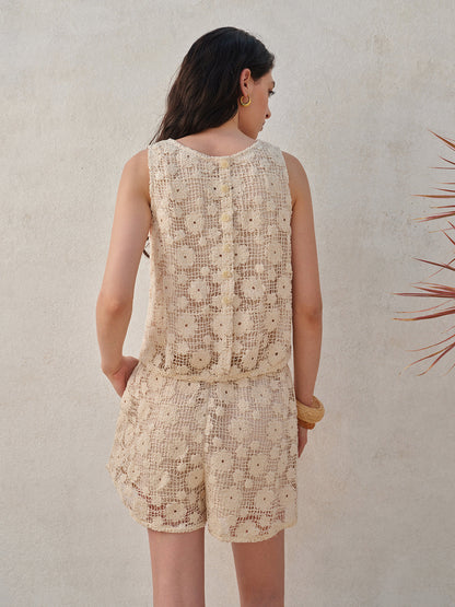 Flower Patterned Lace Sleeveless Shorts Set