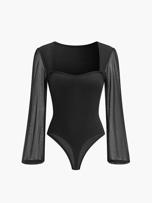 Yarı Şeffaf Ağı Kollar Ribanalı Bodysuit
