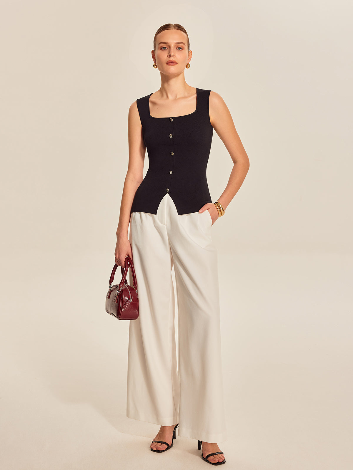 Düğme Ön Kare Yaka Üst