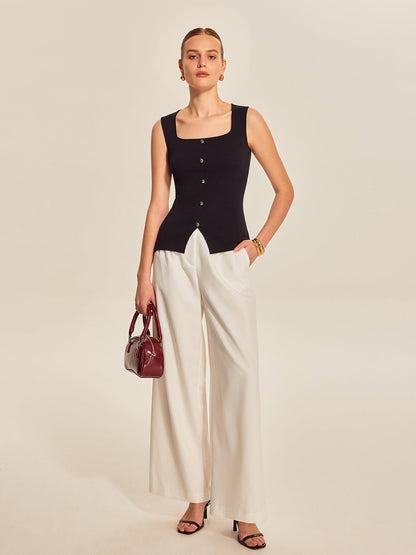 Düğme Ön Kare Yaka Üst