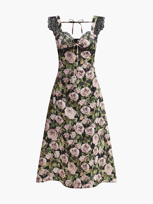 Flower Patterned Lace Detailed Tie Dress