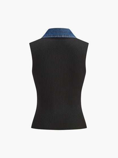 Denim Yaka Ribanalı Kolsuz Bluz