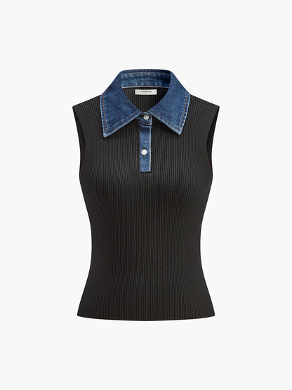 Denim Yaka Ribanalı Kolsuz Bluz