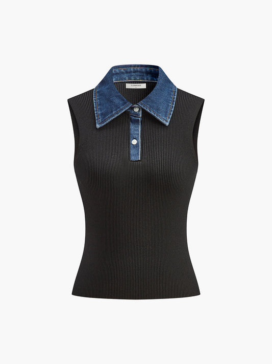 Denim Yaka Ribanalı Kolsuz Bluz