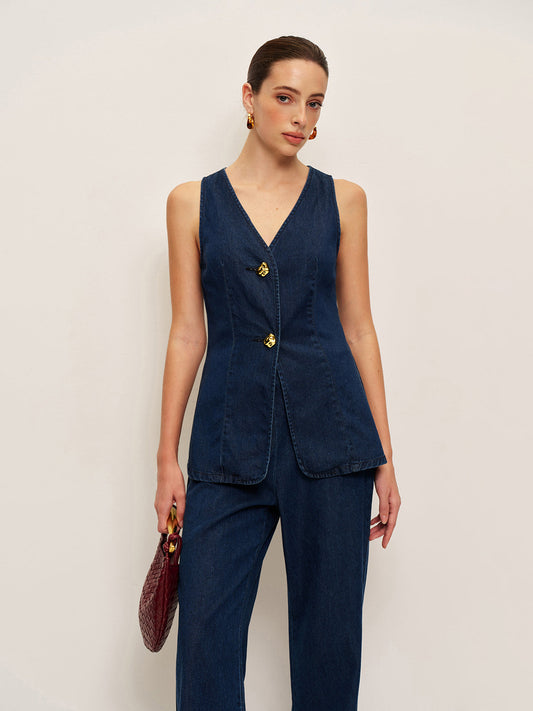 Klasik Denim Düğmeli Yelek
