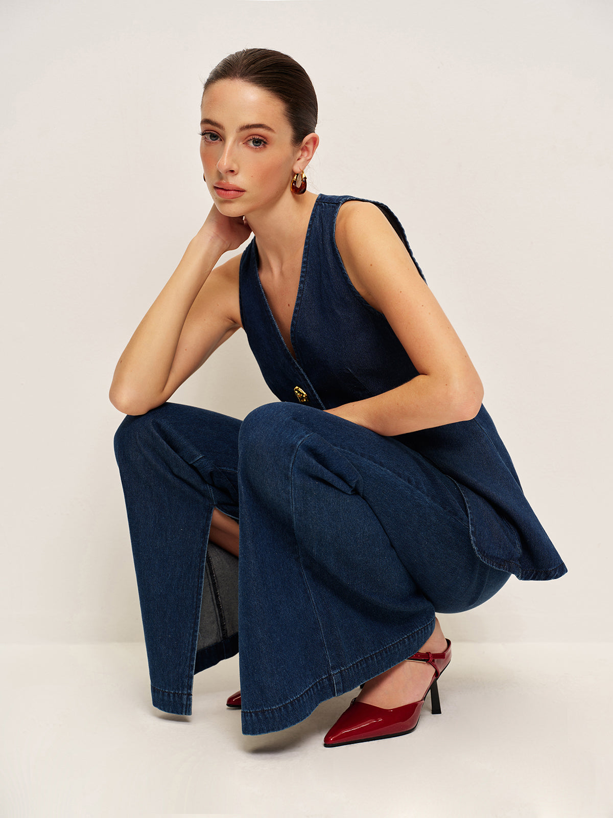 Klasik Denim Düğmeli Yelek