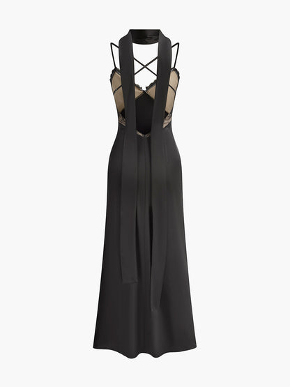 Backless Long-Ribbon Lace Panel Satin Cami Dress