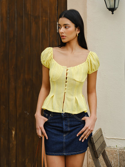 Püskül Kollu Düğmeli Peplum Bluz