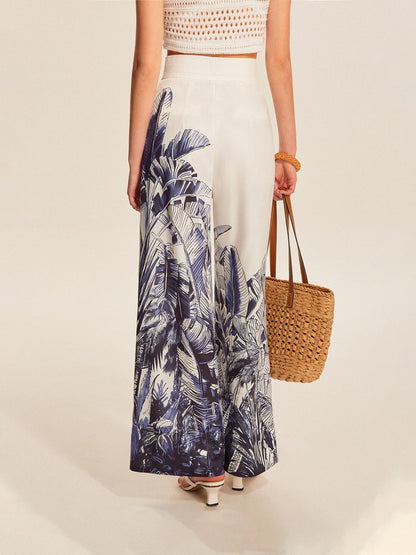 Boho Desenli Orta Bel Geniş Paça Pantolon