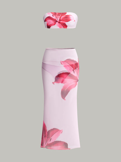 Çiçek Baskılı Bandeau Bikini ve Pareo Etek Seti