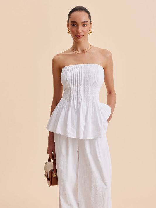 Pamuk Plise Askısız Peplum Bluz