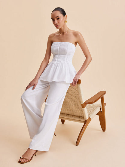 Pamuk Plise Askısız Peplum Bluz