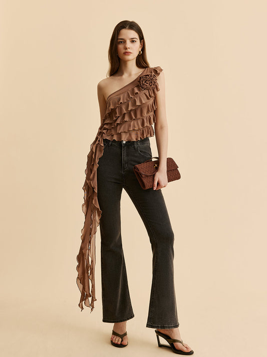 Tek Omuz Ruffled Rosette Detaylı Bluz