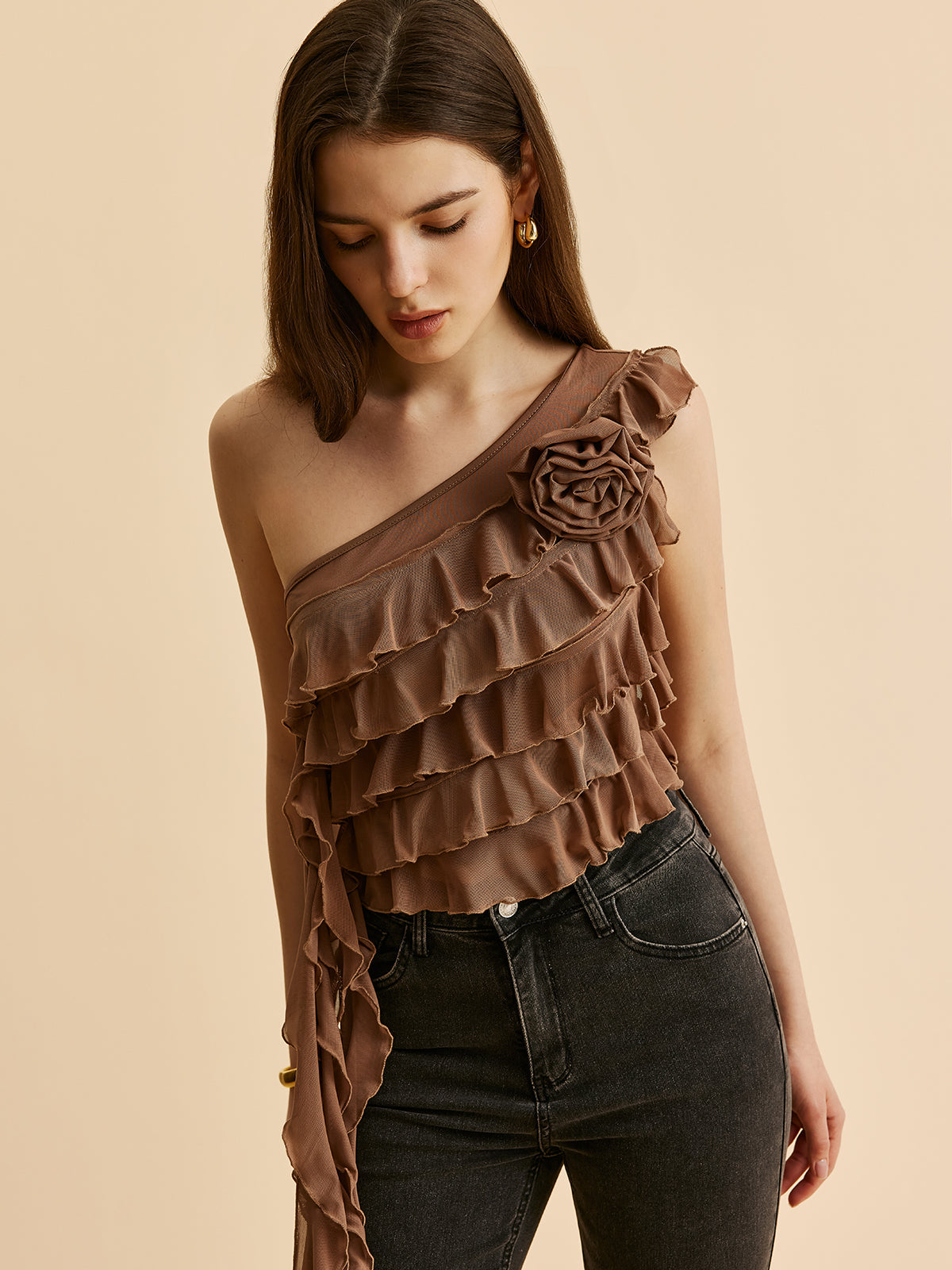 Tek Omuz Ruffled Rosette Detaylı Bluz