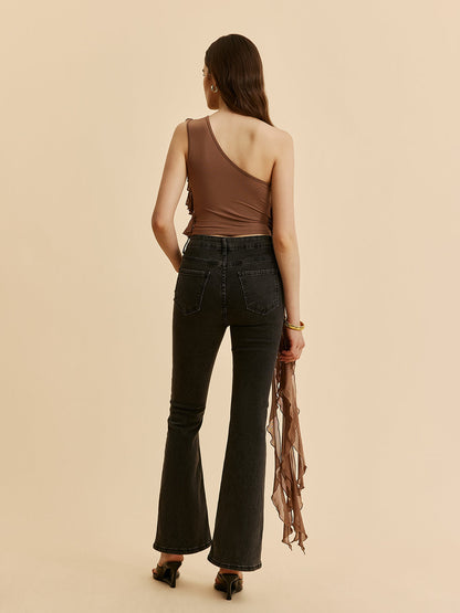 Tek Omuz Ruffled Rosette Detaylı Bluz