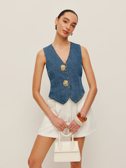 Özel Yapım Denim Düğmeli Yelek