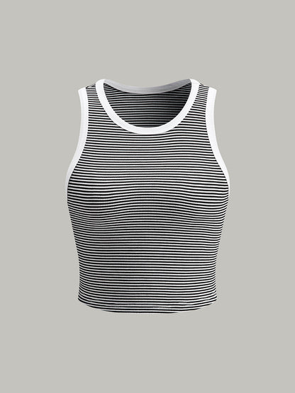 Çizgili Yuvarlak Yaka Kolsuz Üst