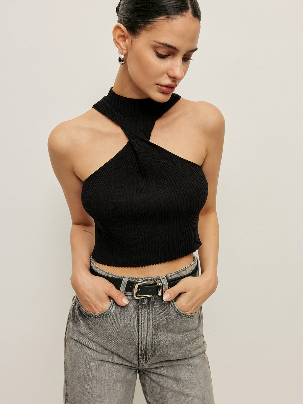 Ribbed Cross Halter Örgü Üst